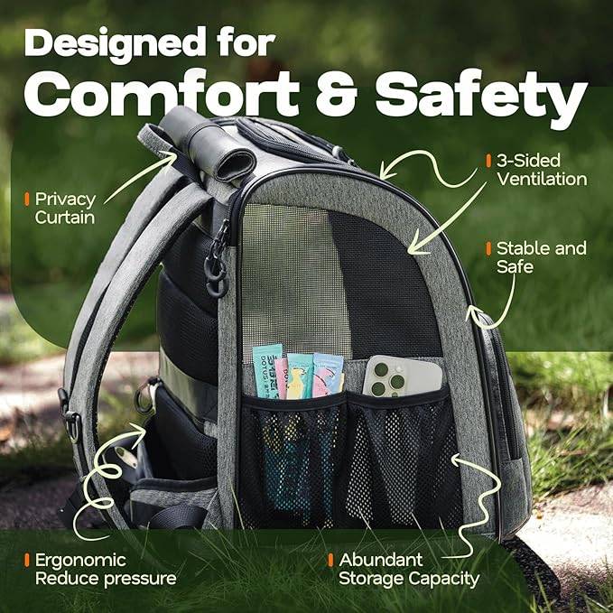 Premium Dog & Cat Carrier Backpack for Travel, Hiking & Vet Visits - Solid Durable Pet Backpack with Breathable Mesh, Safety Strap, Anti-Anxiety Curtain & Storage Pockets (Gray)