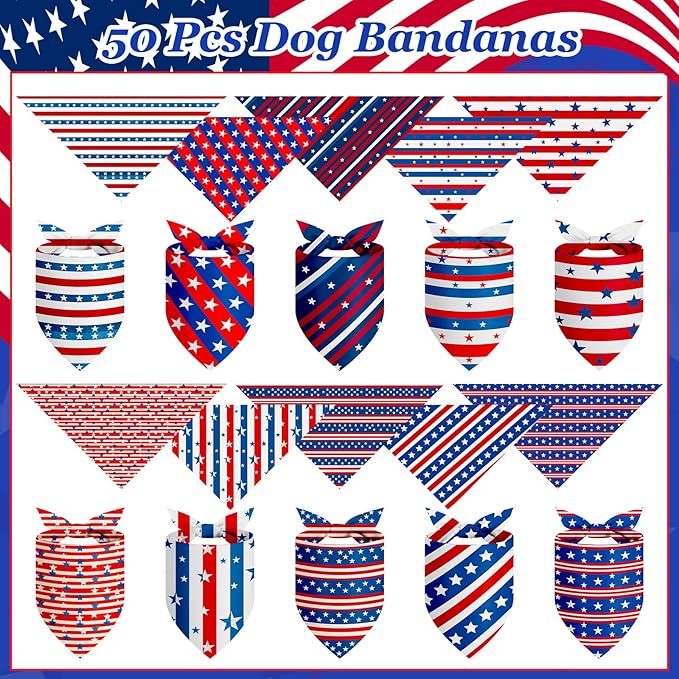 Weewooday 50 Pcs 4th of July Dog Bandanas Bulk for Patriotic American Striped Star Red White and Blue Independence Day Flag Scarf for Small Medium Large Outfit(Striped Star, 31.5 x 21.7 X21.7 Inch)
