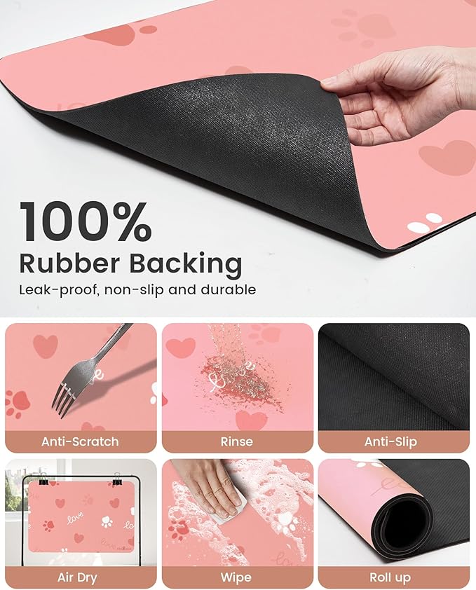 PEISAINOX Cat Dog Food Mat, Rapid Water Absorption Dog Mat for Food and Water,100% Waterproof Cat Dog Bowl Mat, 16"x27"-Pink