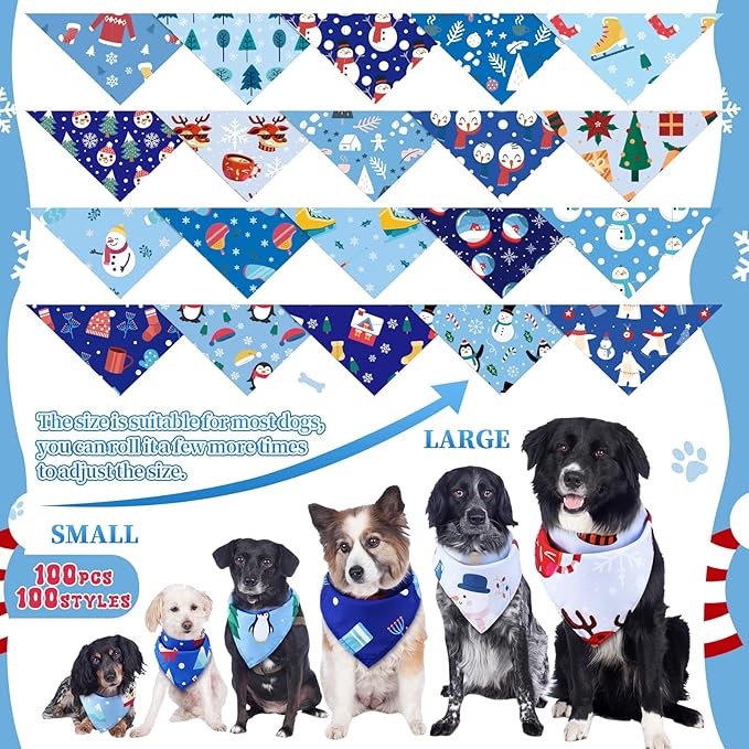 Huhumy 100 Pcs Winter Dog Bandanas Bulk Pet Bibs Blue Triangle Scarf Snowflake Pet Bandanas for Medium Large Dogs Winter Snowflake Christmas Party Holiday Festival Costume Decor