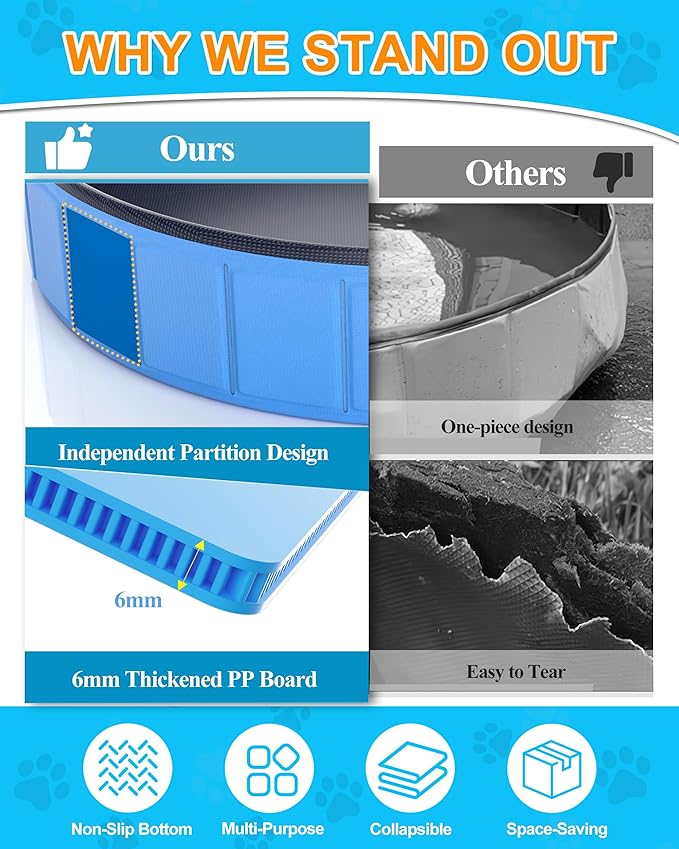 Instraella 120"x20" Dog Pool for Large Dogs, Heavy Duty Hard-Side Foldable Pet Pool, Non-Slip Collapsible Dog Bathing Tub with Drain, Portable Kiddie & Dog Swimming Pool for Outdoor & Indoor Use