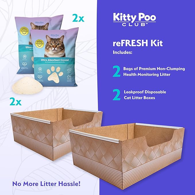 Kitty Poo Club Disposable Cat Litter Box 2-Pack with 2 Bags Ultra-Absorbent Silica Crystal Litter, Patented Leak-Proof Design, 30-Day System, Low Dust, Perfect for Travel and Multi-Cat Homes