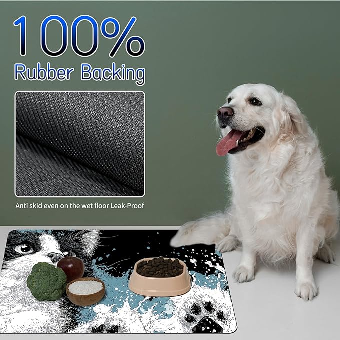 Dog Food Mat, 19.6" x 23.6" Absorbent Pet Feeding Mat for Food and Water, Waterproof Diatom Mud Pet Placemat with Non-Slip Rubber Backing, Easy Clean Cat Bowl Mat for Floors - Black Cat Claw