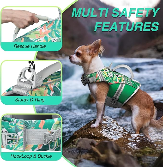 VIVAGLORY Sports Style Dog Life Vest, Dog Life Jacket for Swimming & Boating, Ripstop & Buoyancy for Puppy Doggy, Lifejacket with Handle, XS, Floral