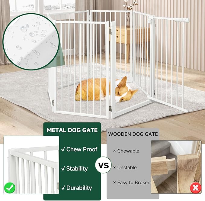 Snagle Paw Full Metal Freestanding Dog Gate with Door, 120” W x 32” H Pet Gate with Support Feet for Doorways, Stairs and Hallways, Portable Dog Fence for Indoor Use(32" 6 Panel, White)