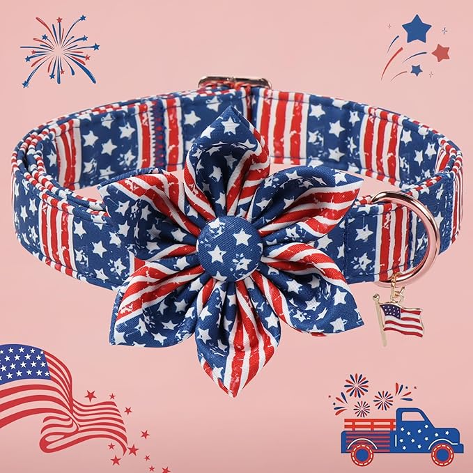 4th of July American Flag Dog Collar, DOGWONG Red Blue Flower Dog Collars with Metal Adjustable Buckle, Comfortable Independence Day Dogs Collars for Small Puppy Dogs