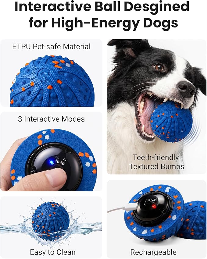 Interactive Dog Toys with Teeth-Friendly Bumps, 3 Modes, ETPU Material, IP67 Waterproof, Rechargeable Dog Ball, Automatic Rolling Ball Dog Toy to Keep Them Busy