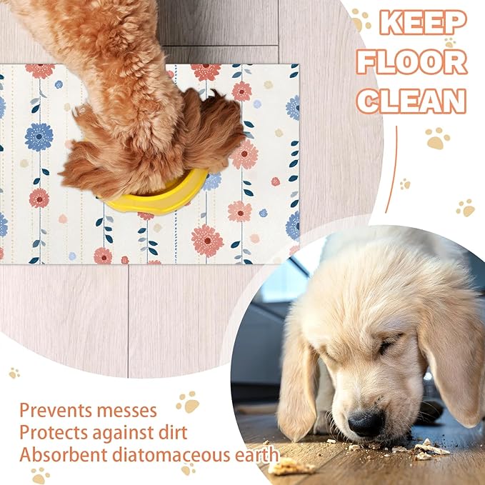 Whispering Spring Floral Dog Food Mat Absorbent Dog Cat Bowl Mat for Food and Water, Quick Dry Pet Feeding Placemats Non-Slip Feeding Mats Pet Supplies, 24" x 32"