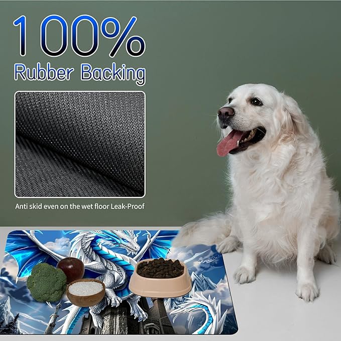 Dog Food Mat, 19.6" x 23.6" Absorbent Pet Feeding Mat for Food and Water, Waterproof Diatom Mud Pet Placemat with Non-Slip Rubber Backing, Easy Clean Cat Bowl Mat for Floors - Blue Cool Dragon