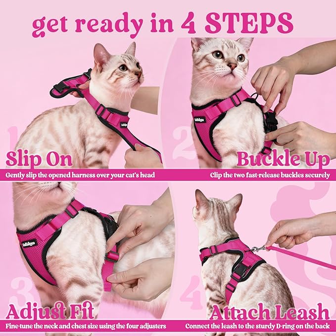 rabbitgoo Cat Harness and Leash Set, Escape Proof Vest Harness for Safe Outdoor Walks, Soft Breathable Adjustable Vest with Reflective Strips for Average to Large Cats, Rose Red, M