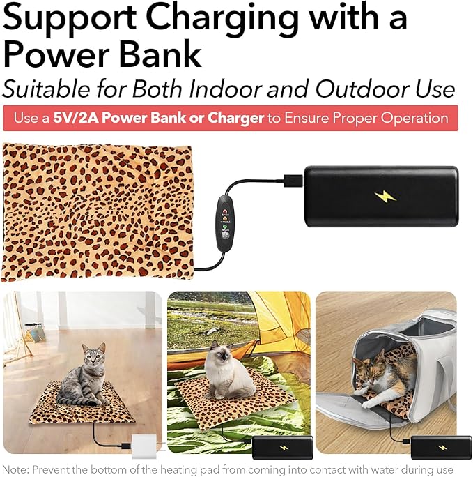 USB Heating Warmer Pad Bed for Cat, Small Dog and Pet, Safe 5V2A Power-Bank Battery Operated, 3-Temperature Settings, Washable, for Indoor and Outdoor Use. 15" x 19" x 0.6" (Black)