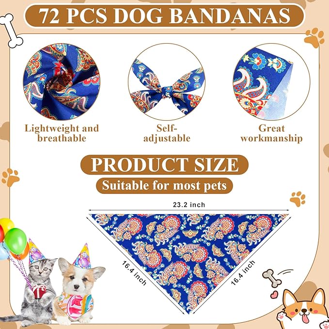 Sanwuta 72 Pcs Paisley Dog Bandana Bulk Washable Puppy Triangle Scarfs Cat Bandanas Soft Adjustable Cute Pet Triangle Bibs Accessories for Small Medium Dogs Cats Pets Costume