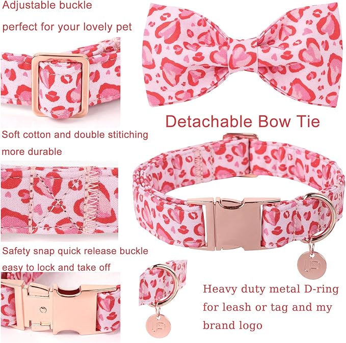 Valentine’s Day Dog Collar with Bow Tie, Pink Heart Bowtie Collar with Metal Buckle, Valentine’s Day Gift Pet Collar for Puppy Girl Boy Dog or Cat, Wedding Dog Collar,XL, Neck 16-26in