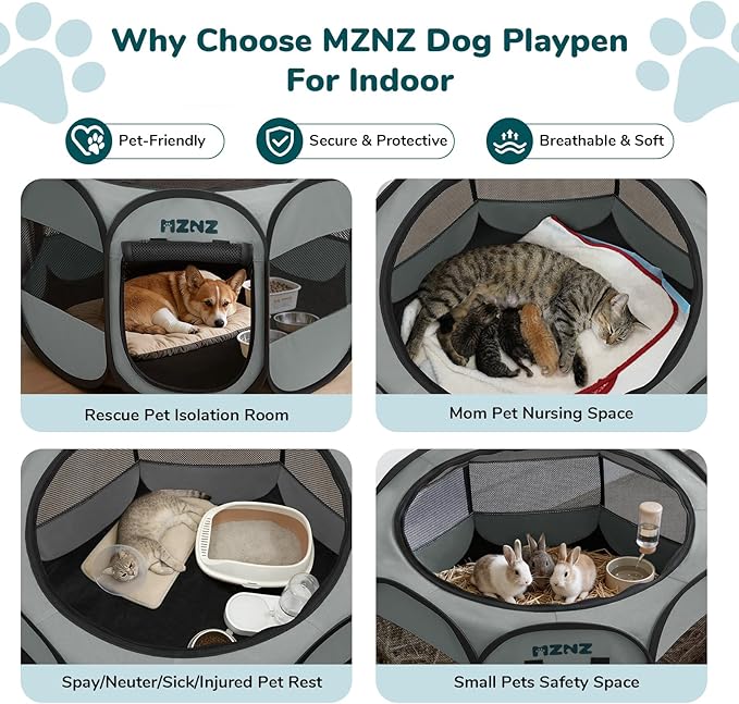 Dog Playpen, Portable Puppy Pet Crate Indoors for Small/Medium Dogs Cats Rabbits, Foldable Dog Cage Enclosure for Outdoor, Pop Up Dogs Tent Kennel with Carrying Case, Whole Grey