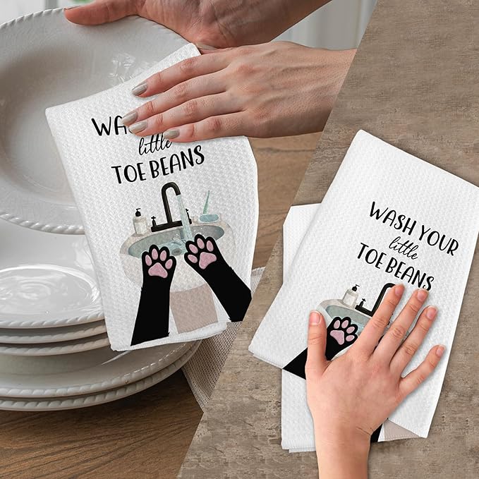 Funny Cat Paws Hand Towels for Bathroom, Wash Your Little Toe Beans Decorative Hand Towels, Cats Themed Dish Tea Towel for Kitchen Bathroom Decor, Cats Lover Gifts for Women Men, 16x24 Inch