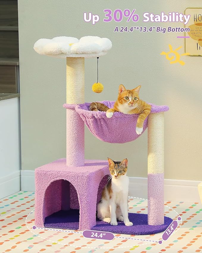 MUTTROS Purple Flower Cat Tree for Small Indoor Cats w/Large Metal Frame Hammock, 35" Cute Cat Tower with Sisal Scratching Posts, Cozy Condo with Cloud White Bed for Kittens