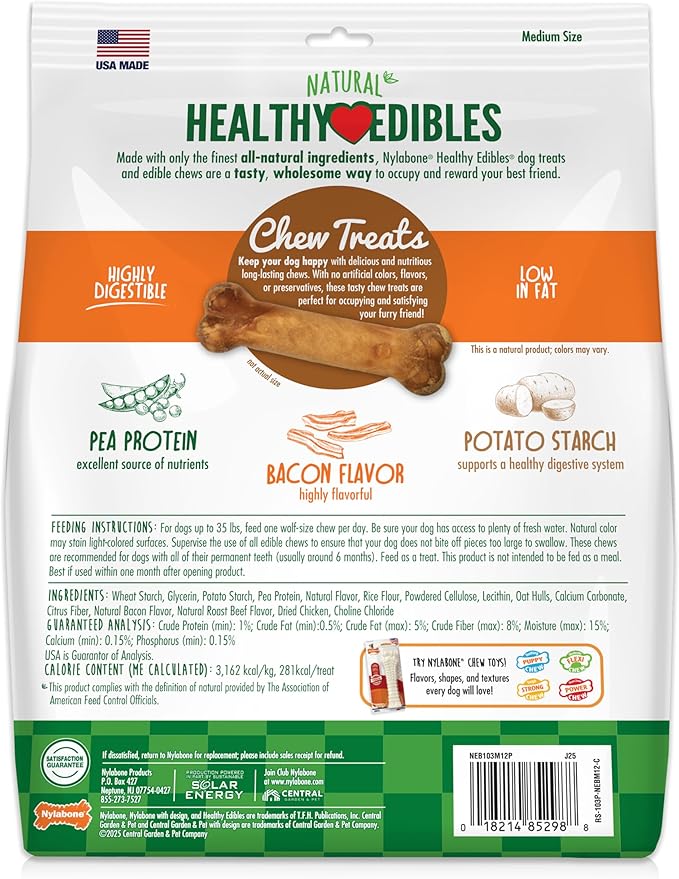 Nylabone Healthy Edibles Natural Dog Chews, Long Lasting Bones for Dogs, Bacon Flavor Dog Treats, Medium (12 Count)