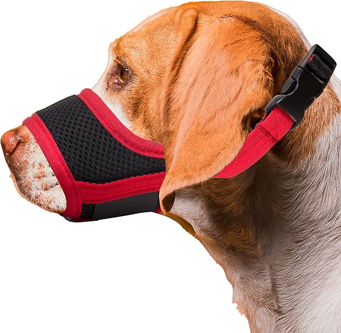 Seyezo Dog Muzzle, Soft Breathable Muzzle for Small Medium Large Dogs, Air Mesh Nylon Muzzle Cover Prevent Biting Barking Chewing, Adjustable Drinkable Pet Muzzle 6 Sizes(Red,L)