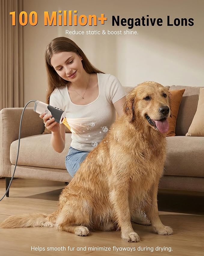PETNF Hands-Free Dog Dryer for Pet Grooming, 110,000 RPM High Velocity Pet Hair Dryer, 1300W Powerful Neck Hanging Design, 3 Speeds & 5 Heat Settings for Home & Salon