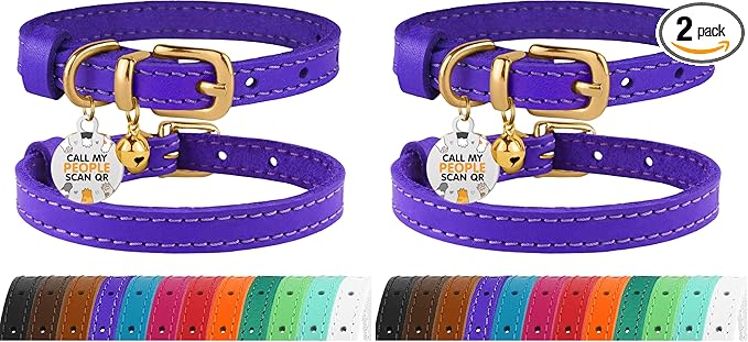 BRONZEDOG Leather Cat Collar with Removable Bells Non Breakaway Kitten QR Tag for Girl Boy (7" - 9" for Cats, Purple & Gold) (Pack of 2)