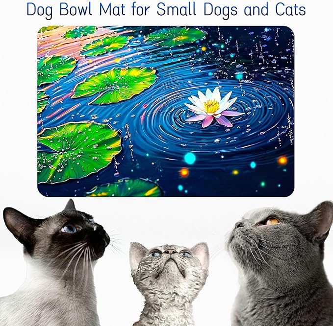 Dog Food Mat, 15.7" x 23.6" Absorbent Pet Feeding Mat for Food and Water, Waterproof Diatom Mud Pet Placemat with Non-Slip Rubber Backing, Cat Bowl Mat for Floors - Green Lotus Leaf Creek