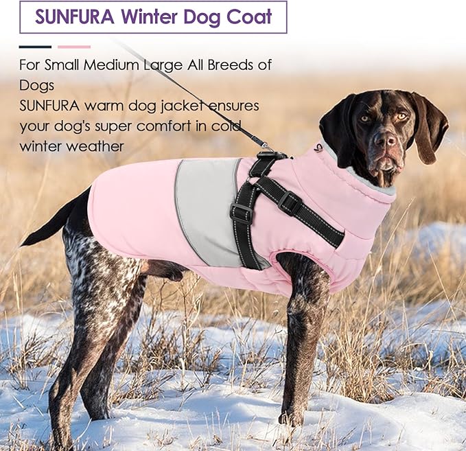 Dog Coat, XXXL Dog Jacket Winter with Harness Built in, Waterproof Pet Snow Jacket with Furry Collar for Chilly Day, Reflective Fleece Snowsuit for Extra Large Dogs, Pink 3XL