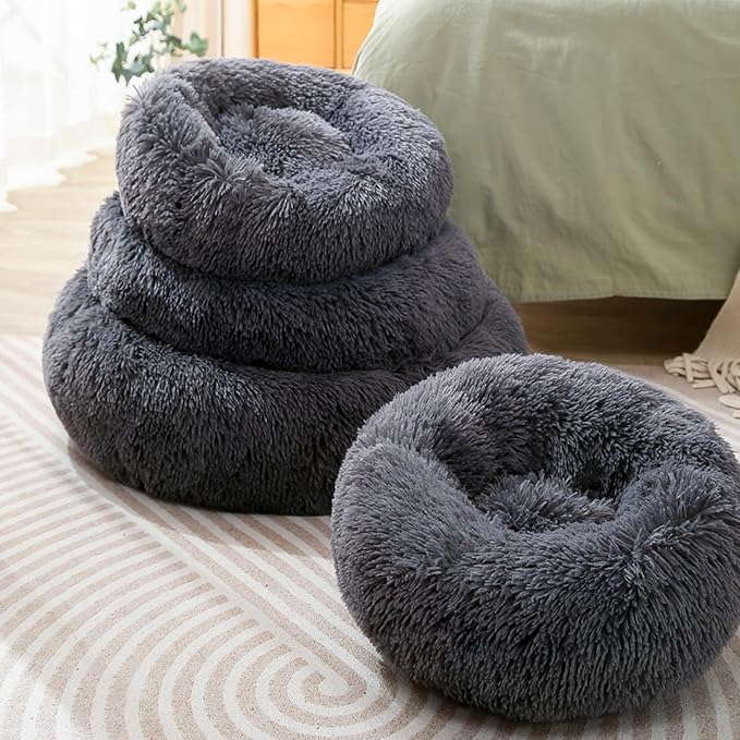 Round Donut Cat Bed Dog Bed Plush Calming Pet Beds Fluffy Rabbit Cave Warm Dog Couch Non Slip Bottom for Pets Up to 18KG