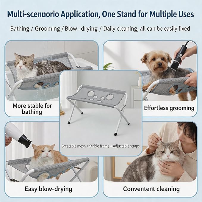 Pet Grooming Solutions Foldable Pet Grooming Hammock Stand for Small Cats and Dogs, Gray Breathable Mesh, Bathing, Nail Clipping, Grooming