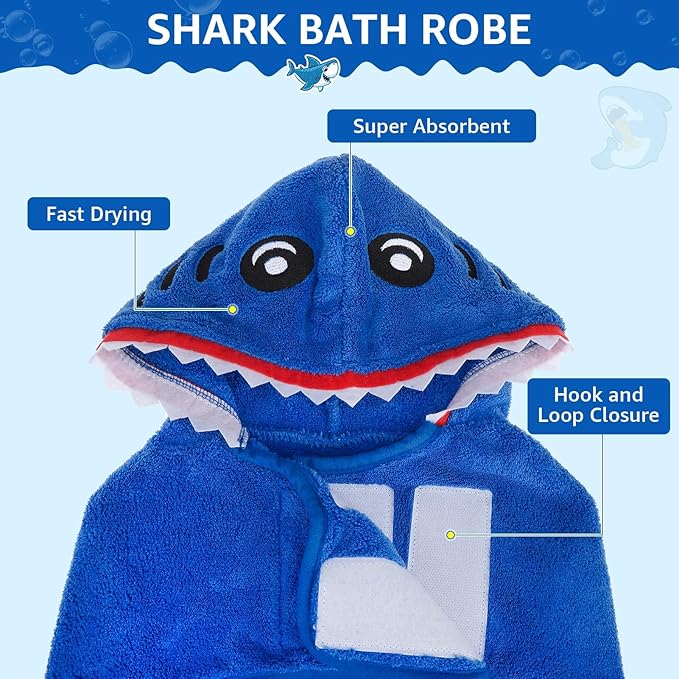 SCENEREAL Dog Bathrobe Fast Drying Towel Microfiber Dog Towel Robe with Hook and Loop Closure & Wrap Tie Snuggle, Super Absorbent Pet Cat Dog Bath Robe Drying Coat, Shark Hood 2XL