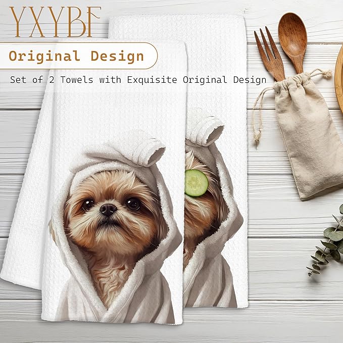 Funny Shih Tzu Hand Towels for Bathroom Powder Room Spa Decor 16x24 Inches, Shih Tzu Gifts for Women, Funny Bathrobe Dog Bathroom Towels Decorative, Set of 2