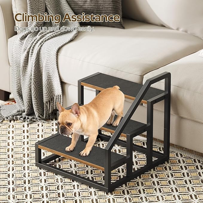 YATINEY Dog Stairs for Small Dogs, 3-Steps Dog Steps for High Beds and Couch, 20.5”H Pet Steps with Non-Slip, Rustic Brown and Black LT11BR