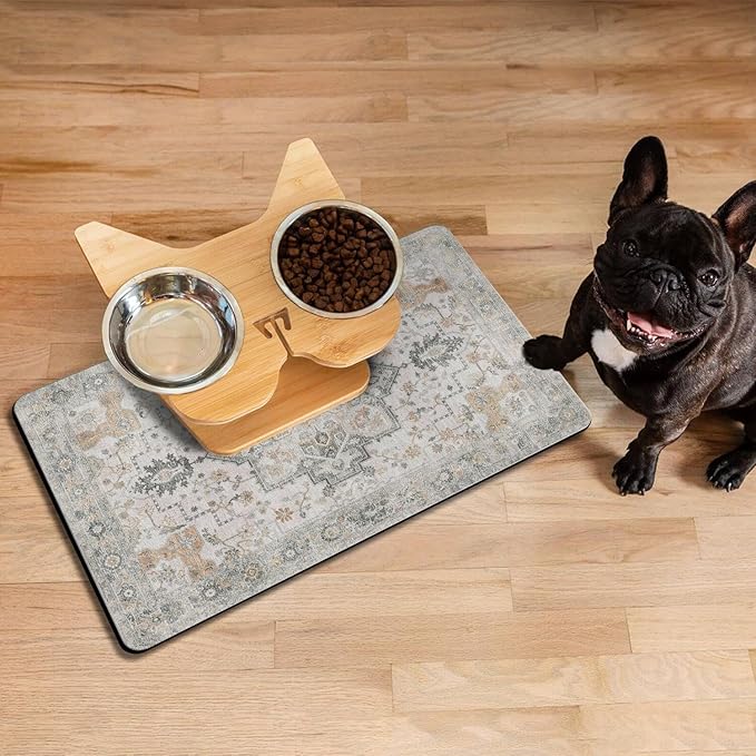 Vintage Tribal Dog Food & Water Mat, Boho Pet Feeding Mat for Floor Non-Slip Waterproof, Super Absorbent Cat Bowl Mat, Easy to Clean Durable Pet Placemat,12" × 20"