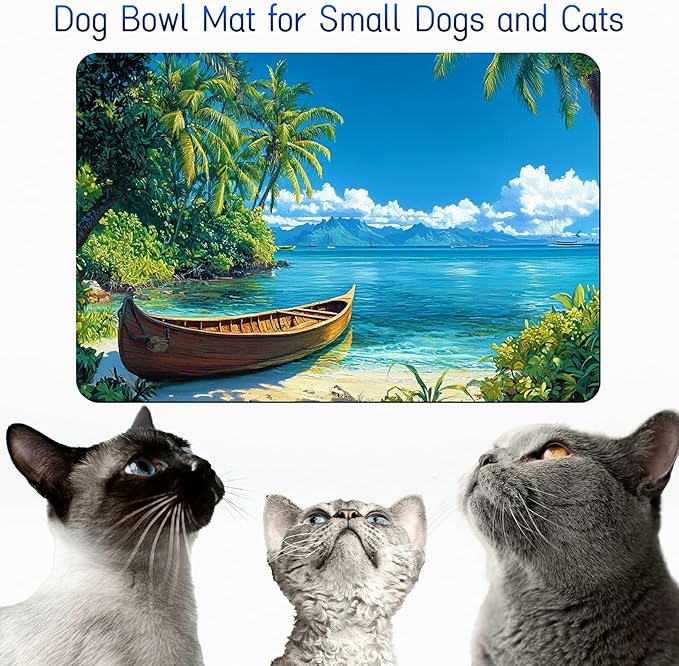 Dog Food Mat, 15.7" x 23.6" Absorbent Pet Feeding Mat for Food and Water, Waterproof Diatom Mud Pet Placemat with Non-Slip Rubber Backing, Easy Clean Cat Bowl Mat for Floors - Beach Boat