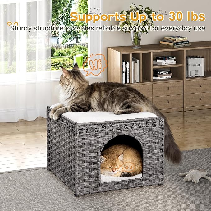 Snughome Handwoven Rattan Cat House - Indoor Foldable Cat Bed Cave with 2 Removable Bed Mats, Large Kitten House, Hideaway Pet Cube, 16.54 x 16.54 x 12.6 Inches, Grey, for Living Room & Bedroom