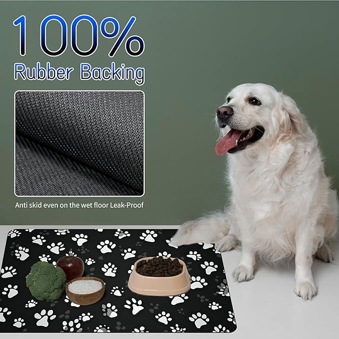 Dog Food Mat, 19.6" x 23.6" Absorbent Pet Feeding Mat for Food and Water, Waterproof Diatom Mud Pet Placemat with Non-Slip Rubber Backing, Cat Bowl Mat for Floors - Grey Dog Paw Print