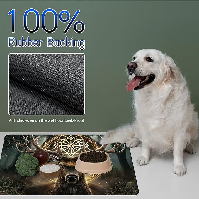Dog Food Mat, 19.6" x 23.6" Absorbent Pet Feeding Mat for Food and Water, Waterproof Diatom Mud Pet Placemat with Non-Slip Rubber Backing, Easy Clean Cat Bowl Mat for Floors - Art Deer Head
