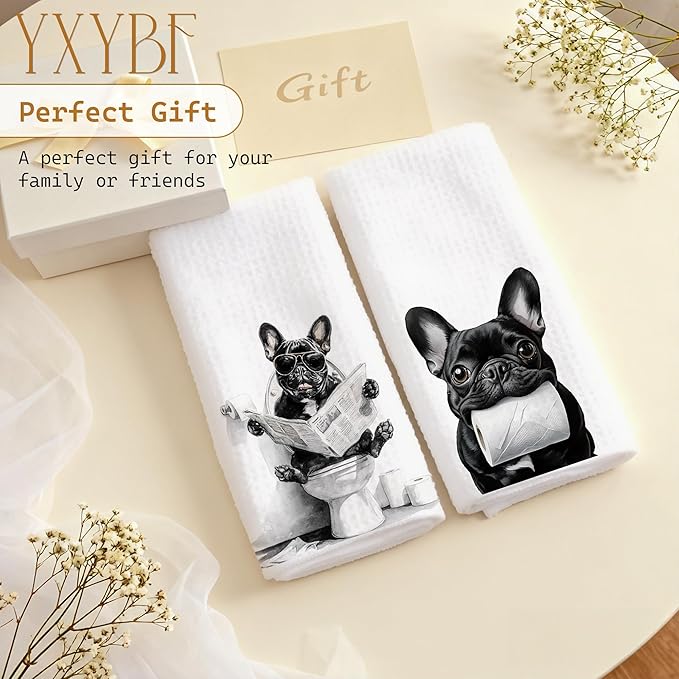 Funny French Bulldog Hand Towels for Bathroom Washroom Decor 16x24 Inches, Frenchie Gifts for Women Men, Funny Frenchie Dog Bathroom Towels Decorative, Set of 2