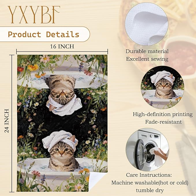 Funny Tabby Cat Hand Towels for Bathroom Washroom Spa Decor 16x24 Inches, Cat Lover Mom Lady Gifts, Floral Kitty Bathroom Hand Tea Towels Decorative
