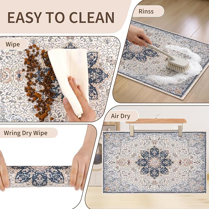 Boho Dog Feeding Mat, Absorbent Cat Matt for Food, Non Slip Pet Water Bowl Placemat Small for Floor, Cream & Blue & Terracotta Indoor Dog Eating Dish Mat 12"x20"