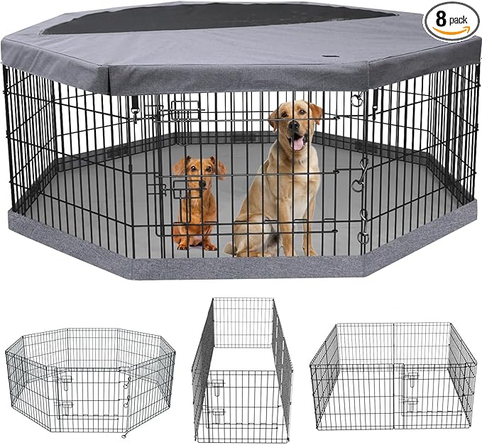 PETIME Foldable Metal Dog Exercise Pen/Pet Puppy Playpen Kennels Yard Fence Indoor/Outdoor 8 Panel 24" W x 30" H with Top Cover and Bottom Pad (Playpen+Bottom+Top Cover, 8 Panels 30" H)
