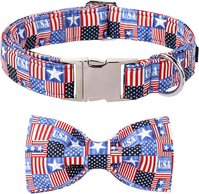 Lionet Paws 4th of July Dog Collar with Bowtie, Cute Summer Dog Collar for Girl for Large Dogs, Adjustable Cotton USA Flag Pet Collars for Medium Large Dogs