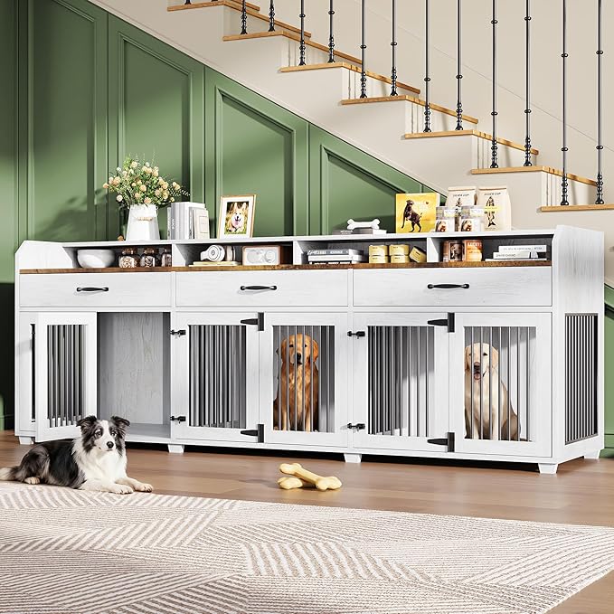 AMERLIFE 95" Large Dog Crate Furniture, Multi-Functional TV Stand with Storage Drawers & Removable Divider for Medium/Large Dogs, White Barnwood