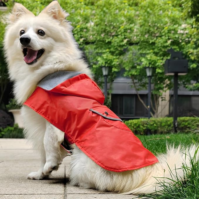 Dog Raincoat Dogs Rain Jacket Reflective Poncho Rainwear Waterproof Pet Clothes Breathable Lined Pocket Hooded Leash Hole Adjustable Medium Dogs,Red,XXXL,Back Length 20.0 Inch