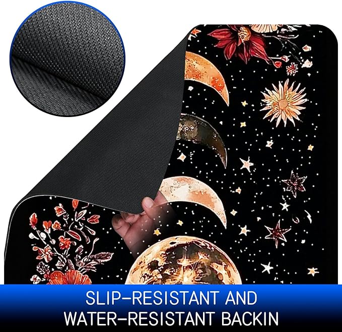 Dog Food Mat, 19.6" x 23.6" Absorbent Pet Feeding Mat for Food and Water, Waterproof Diatom Mud Pet Placemat with Non-Slip Rubber Backing, Cat Bowl Mat for Floors - Moon Flower Black
