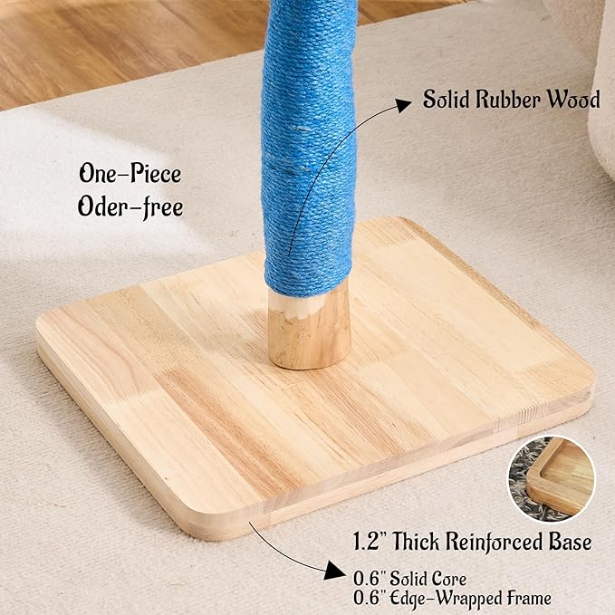 29" Tall Solid Wood Cat Scratching Post for Indoor Cats, Extra Stable Heavy Base, Natural Sisal Scratcher with Hanging Ball, Furniture Protector for Kittens & Adult Cats, Blue