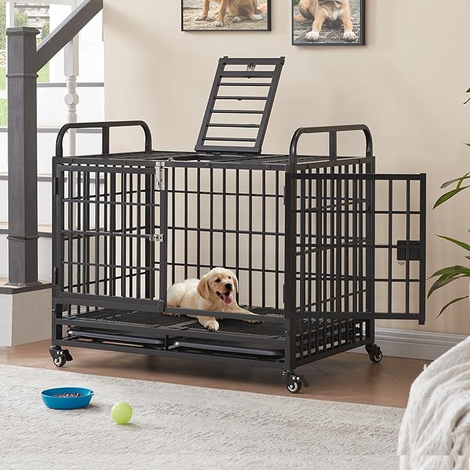Lauren&Harold Heavy Duty Dog Crate for Medium/Small Dogs, Metal Dog Kennel Indoor with Top Door&Feed Door, Easy-to-Clean Dog Cage with Removable Tray&Wheels (38" L x25.5 W x 31" H(Small))