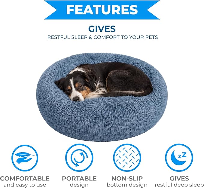 Whiskers & Friends Cat Beds for Indoor Cats, Fluffy Calming Donut Cat Bed, Small Dog Bed Washable - Orthopedic Soft Plush Pet Beds Sized for Kitten to Large Cats & Puppy to Medium Dogs, Navy Grey 31''