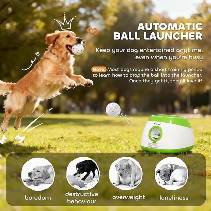 PawHut Automatic Dog Ball Launcher, Rechargeable Dog Ball Thrower with Remote Control, 3 Adjustable Distance (39ft/59ft/78ft), 6 ETPU Tennis Fetch Toys 2.5", for Medium Large Breeds, Green