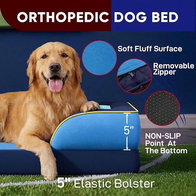 Comfort Expression Orthopedic Dog Bed for Extra Large Dogs 45x35 Inch, Waterproof Egg Crate Foam XL Pet Bed with Bolsters, Dog Couch with Washable Cover & Non-Slip Bottom, New Jersey