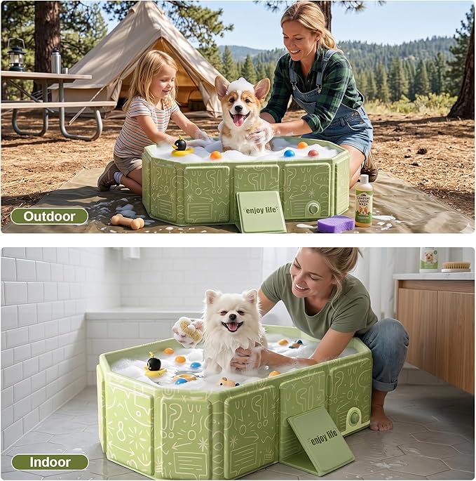 Foldable Dog Bathtub for Small to Medium Dogs & Cats, Collapsible Pet Bath Tub with Side Drain Plug, Portable Puppy Wash Tub, Rigid Panels, Fold-Flat for Carry & Storage